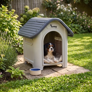 Actiaspet Plastic Dog Kennel – Weatherproof Outdoor Dog House with Raised Floor & Ventilation – 75 × 59 × 66cm – Small to Medium Dogs
