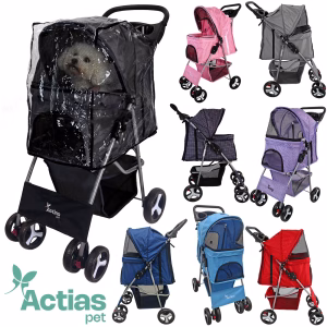 Actiaspet Foldable Pet Stroller – Dog & Cat Pushchair with Safety Hooks, Brakes & Cushion – Lightweight Travel Buggy (15kg Capacity)